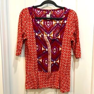 Akemi + Kin Anthropologie Women Purple Red Ikat Popover Top Sz Large 3/4 Sleeves